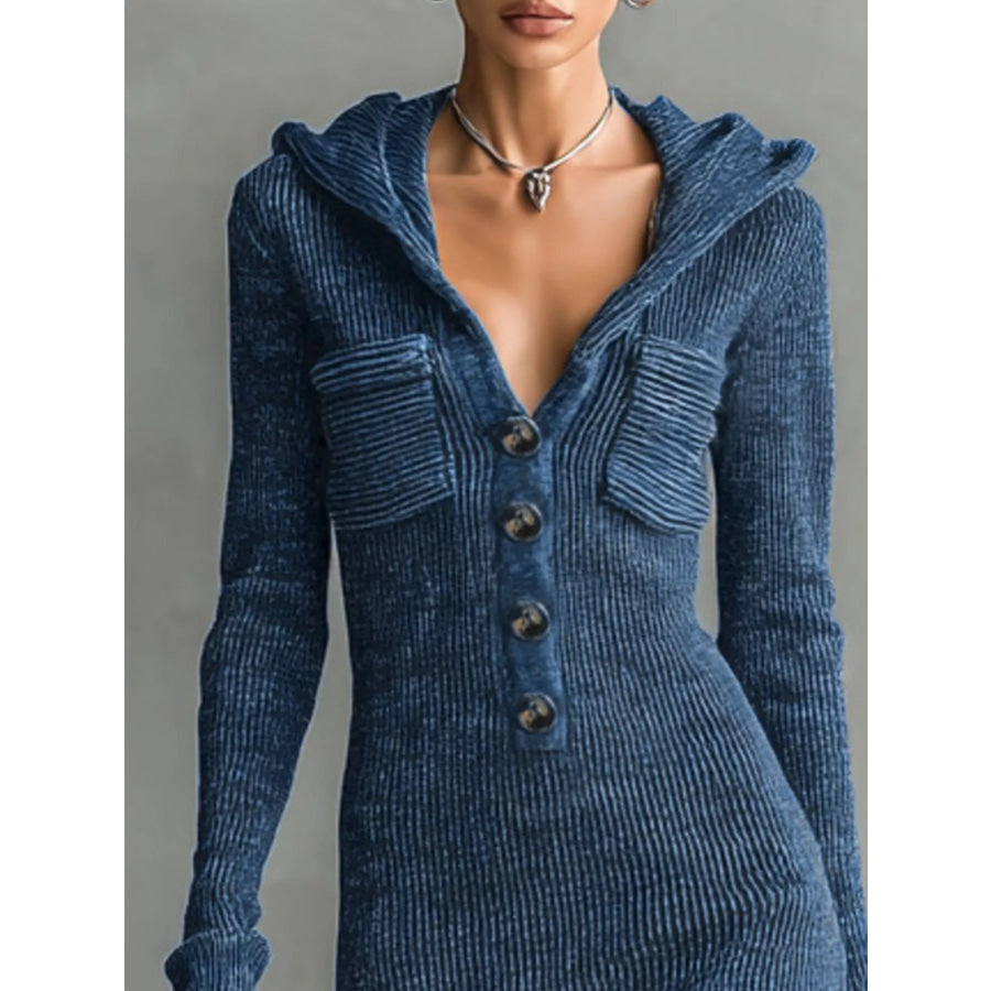 Hooded Knit Maxi Dress with Button-Up Placket and Chest Pockets Apparel and Accessories