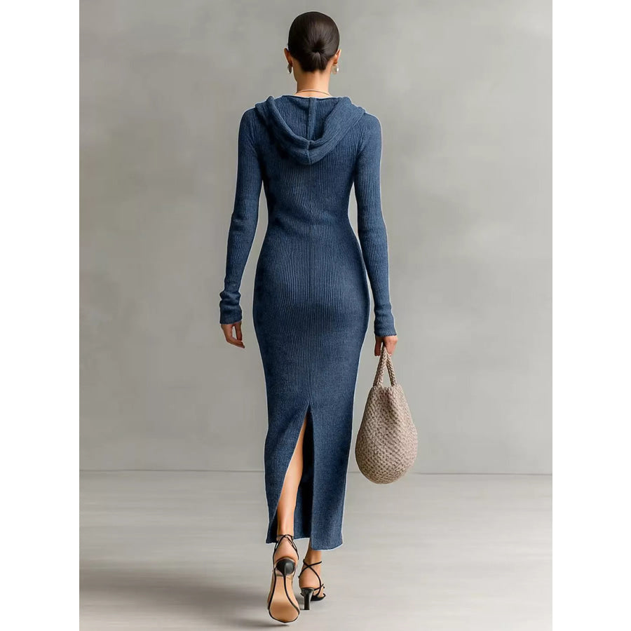 Hooded Knit Maxi Dress with Button-Up Placket and Chest Pockets Apparel and Accessories