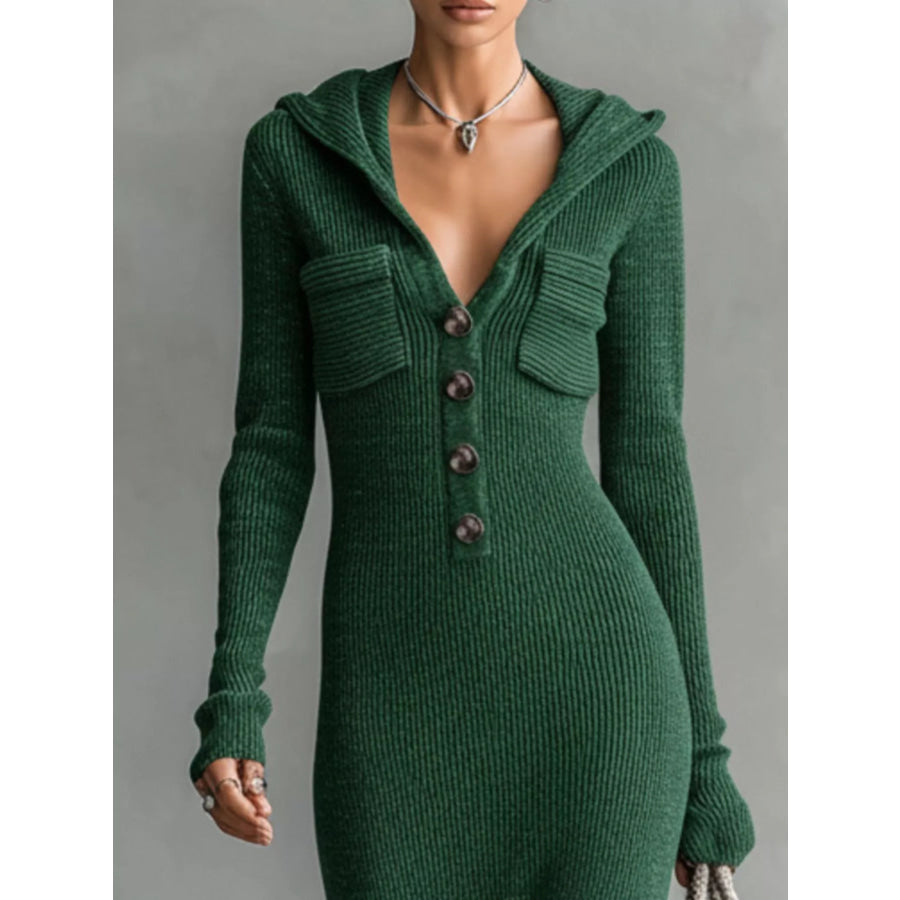 Hooded Knit Maxi Dress with Button-Up Placket and Chest Pockets Apparel and Accessories
