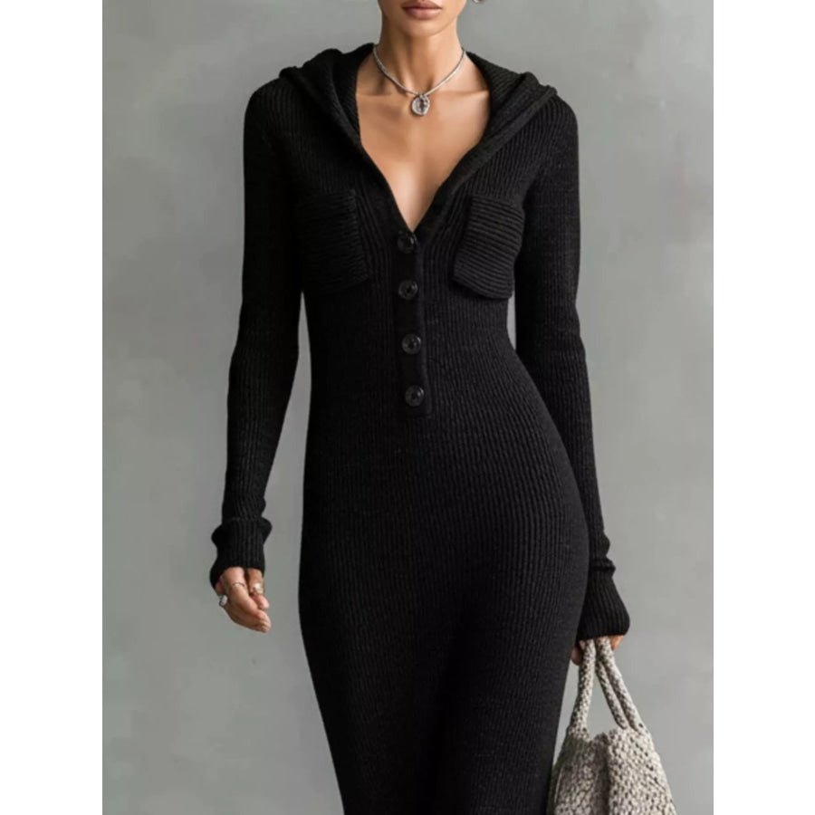 Hooded Knit Maxi Dress with Button-Up Placket and Chest Pockets Apparel and Accessories