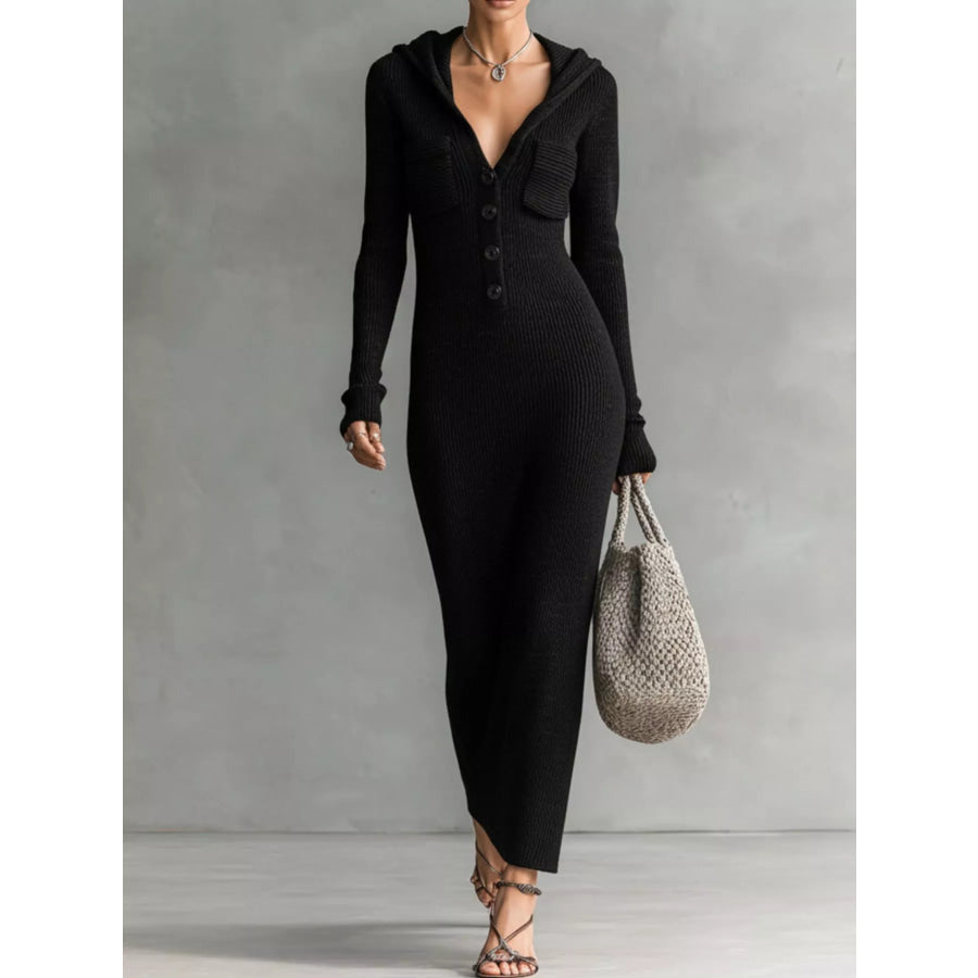 Hooded Knit Maxi Dress with Button-Up Placket and Chest Pockets Black / S Apparel and Accessories