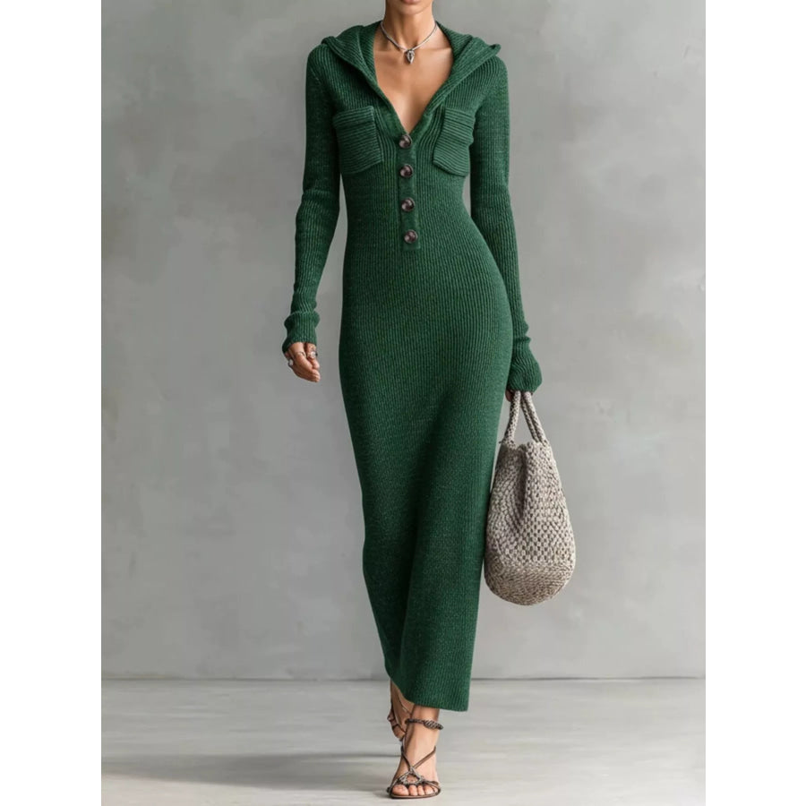 Hooded Knit Maxi Dress with Button-Up Placket and Chest Pockets Dark Green / S Apparel and Accessories