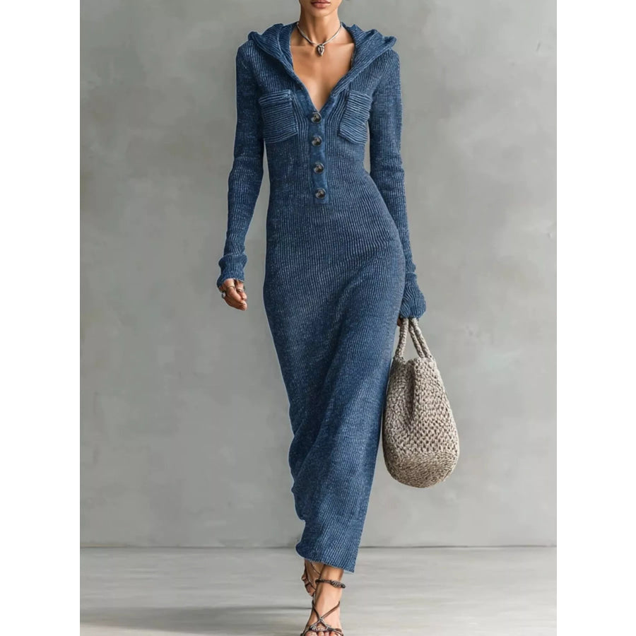 Hooded Knit Maxi Dress with Button-Up Placket and Chest Pockets Navy / S Apparel and Accessories