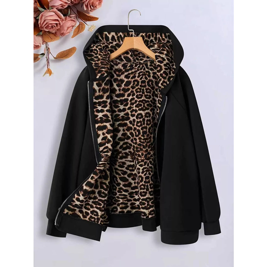 Hooded Leopard Lined Zip-Up Outerwear Black / S Apparel and Accessories