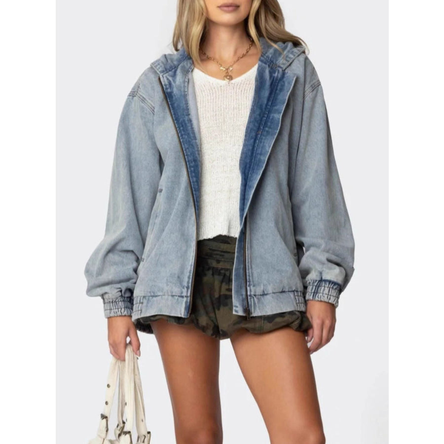Hooded Oversized Zip Up Denim Jacket Apparel and Accessories