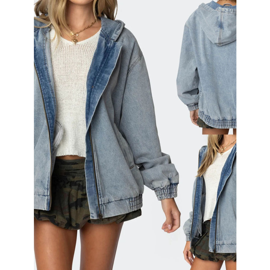Hooded Oversized Zip Up Denim Jacket Apparel and Accessories