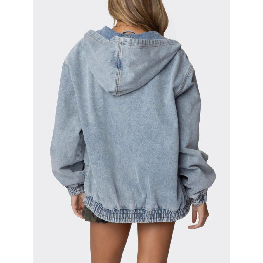 Hooded Oversized Zip Up Denim Jacket Apparel and Accessories