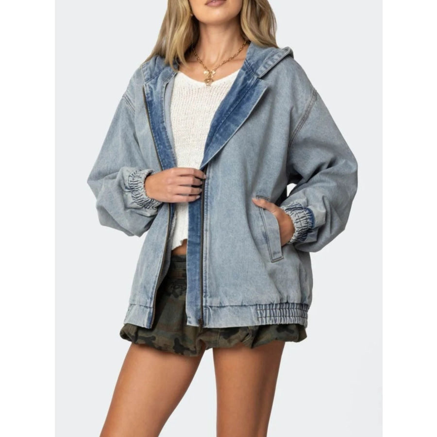 Hooded Oversized Zip Up Denim Jacket Apparel and Accessories