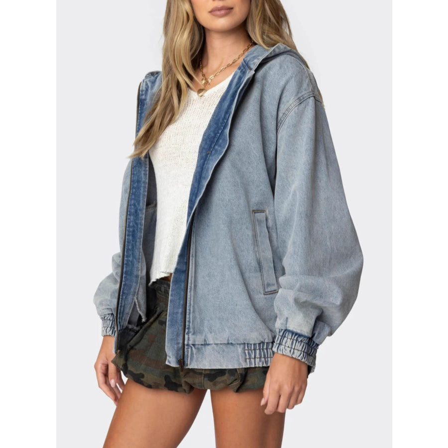 Hooded Oversized Zip Up Denim Jacket Light Blue / S Apparel and Accessories