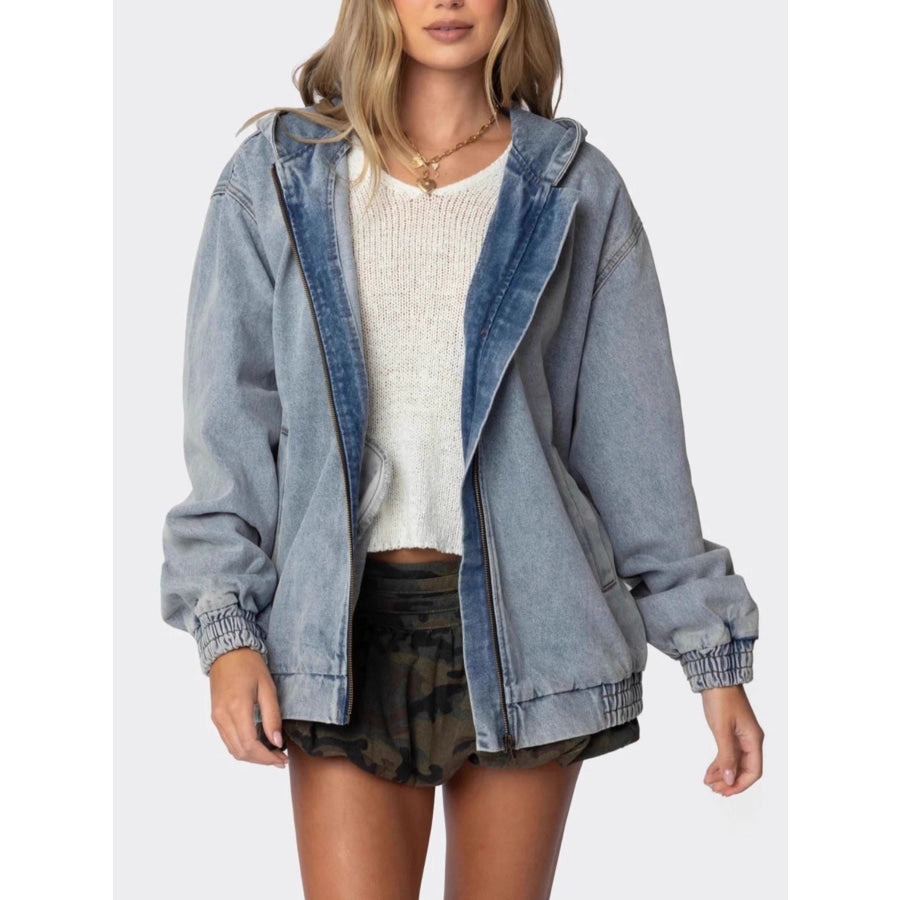 Hooded Oversized Zip Up Denim Jacket Light Blue / S Apparel and Accessories