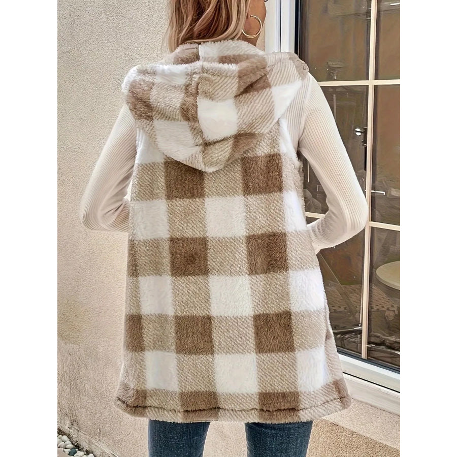 Hooded Plaid Sherpa Vest Coat Apparel and Accessories
