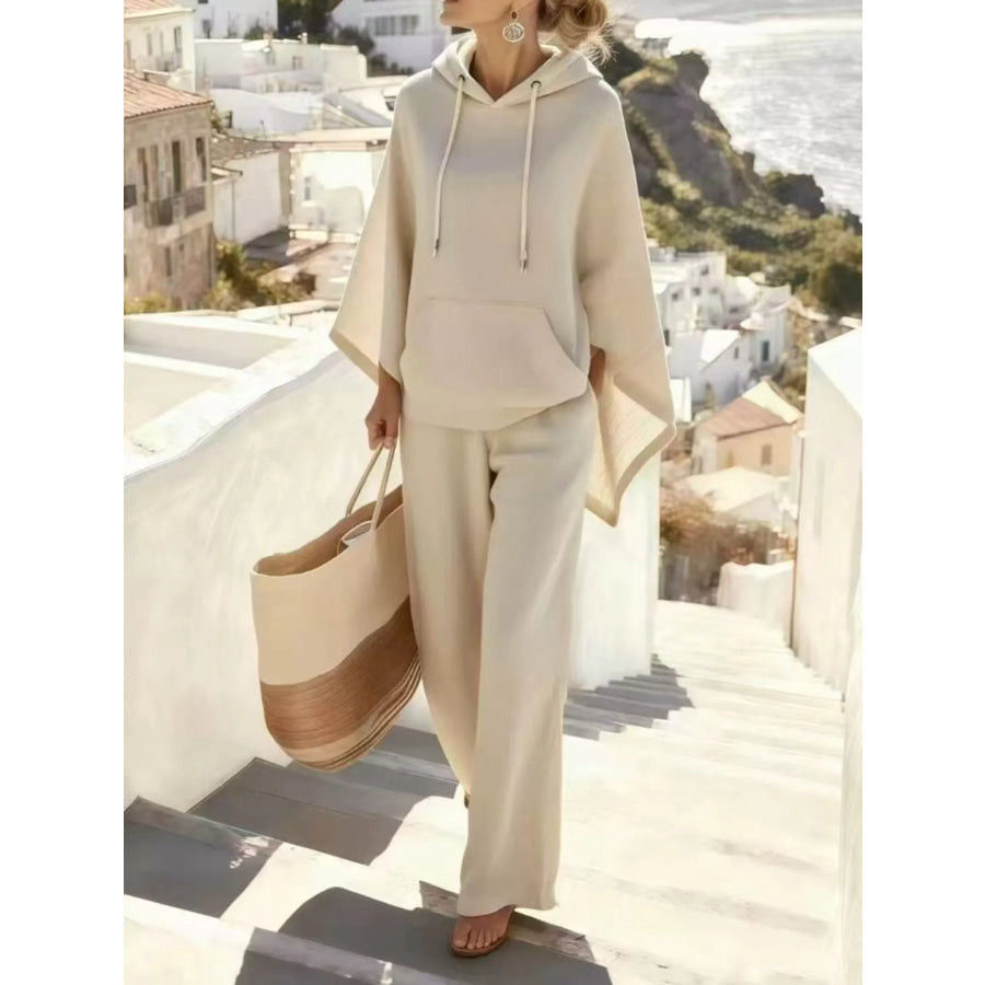 Hooded Poncho and Wide-Leg Pants Set Beige / S Apparel Accessories