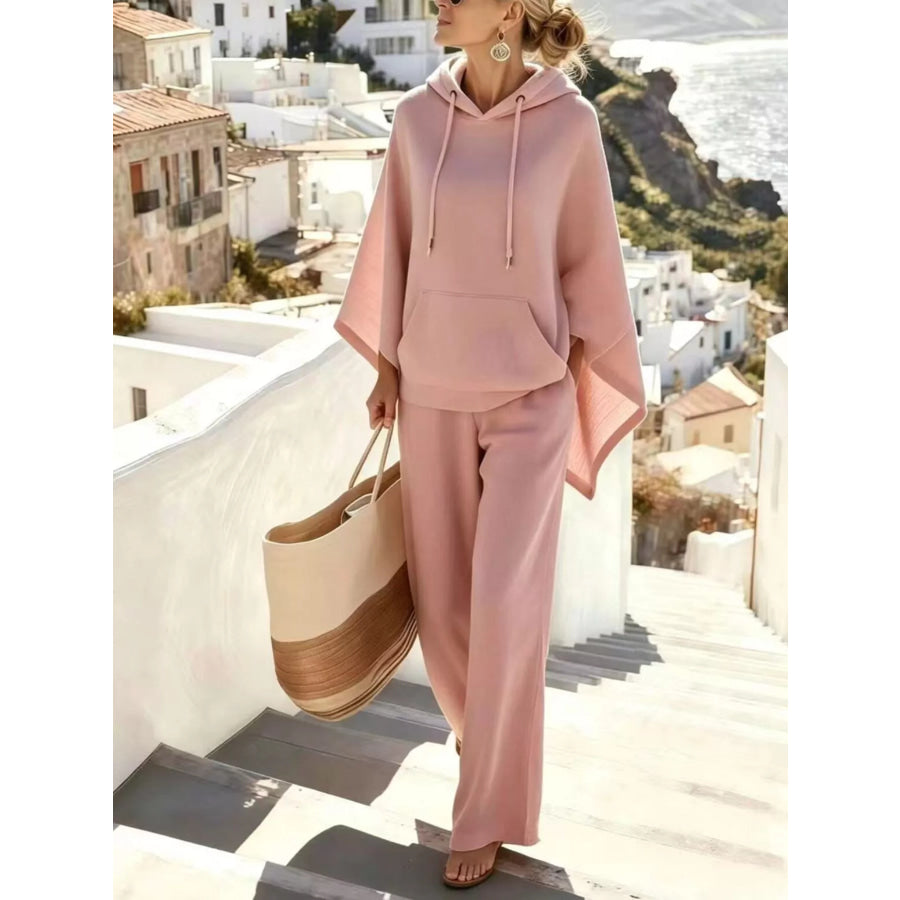 Hooded Poncho and Wide-Leg Pants Set Dusty Pink / S Apparel Accessories
