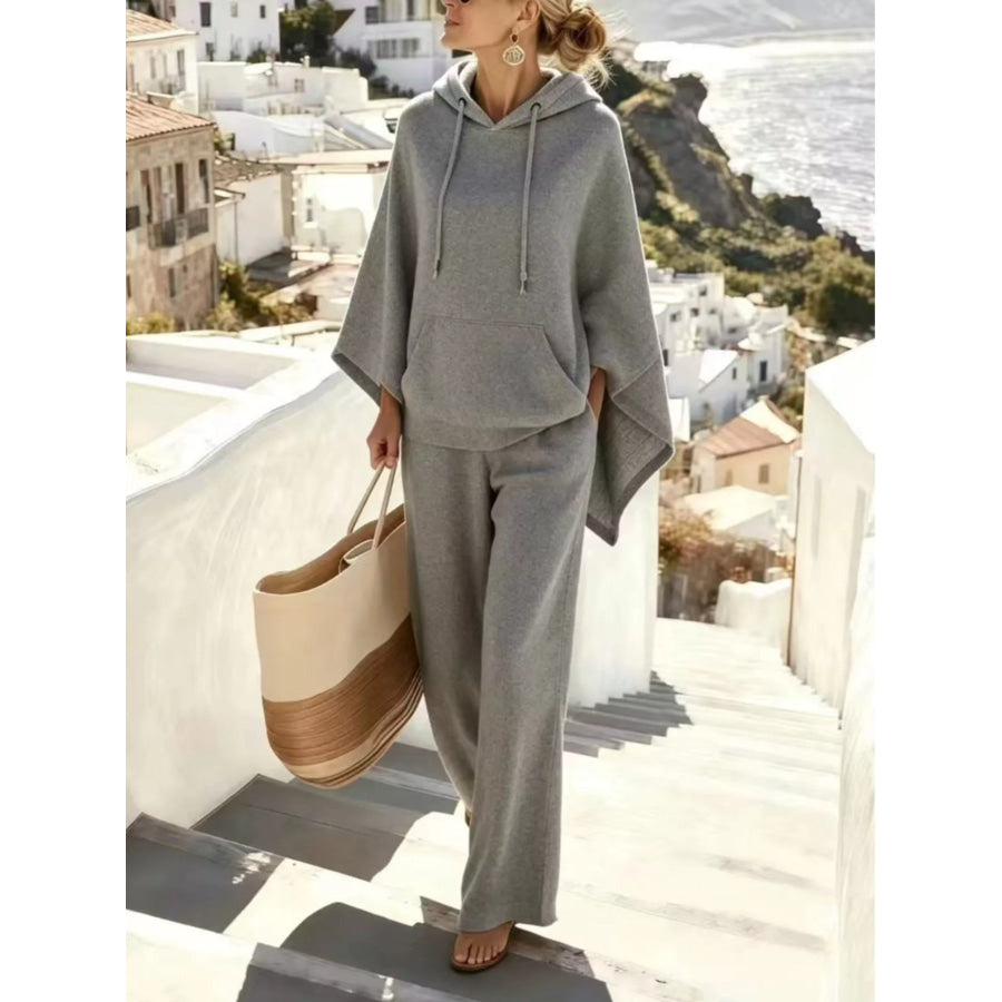 Hooded Poncho and Wide-Leg Pants Set Gray / S Apparel Accessories