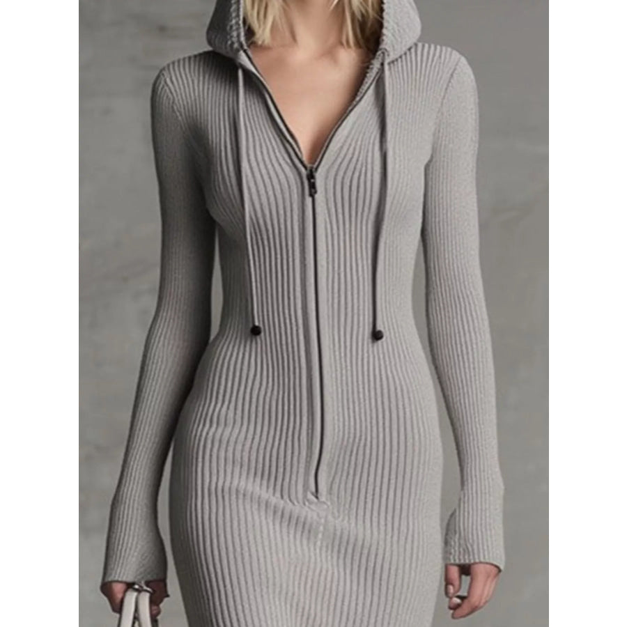 Hooded Ribbed Knit Lace Hem Midi Dress Apparel and Accessories