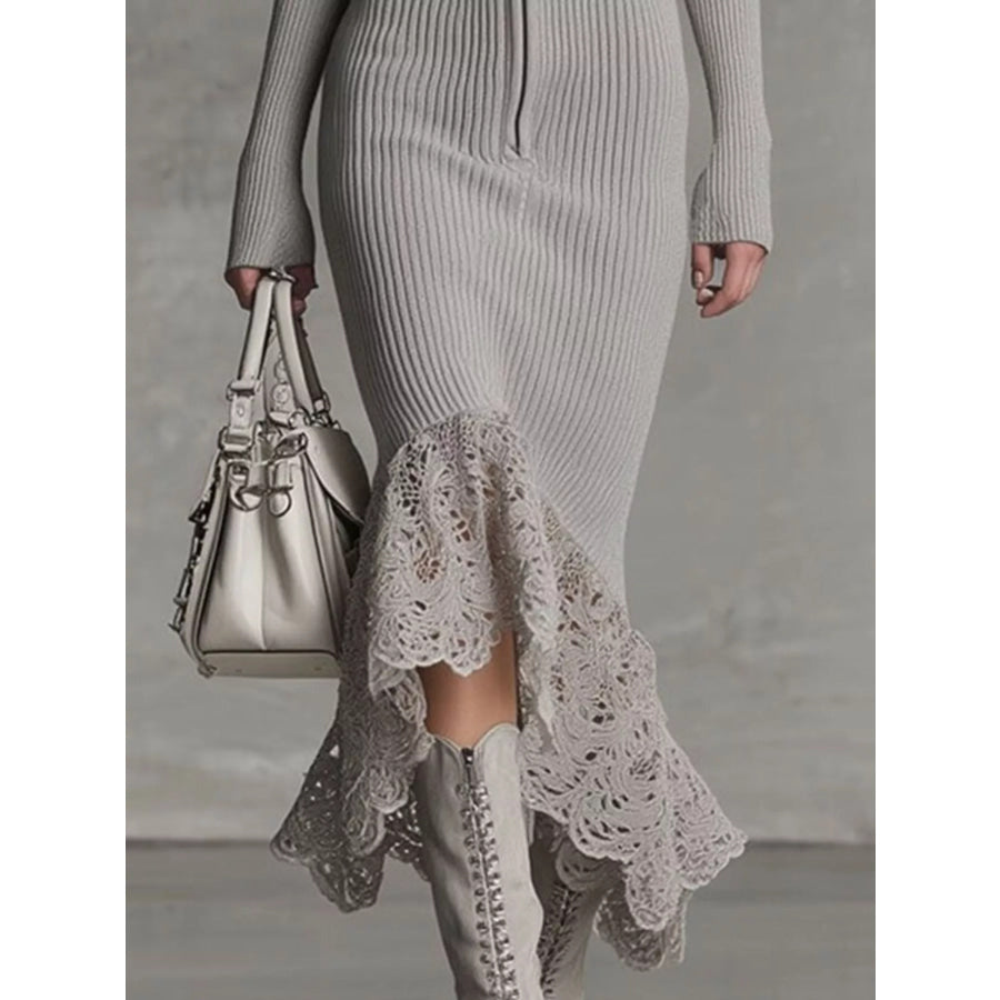 Hooded Ribbed Knit Lace Hem Midi Dress Apparel and Accessories