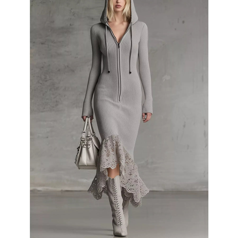 Hooded Ribbed Knit Lace Hem Midi Dress Gray / S Apparel and Accessories