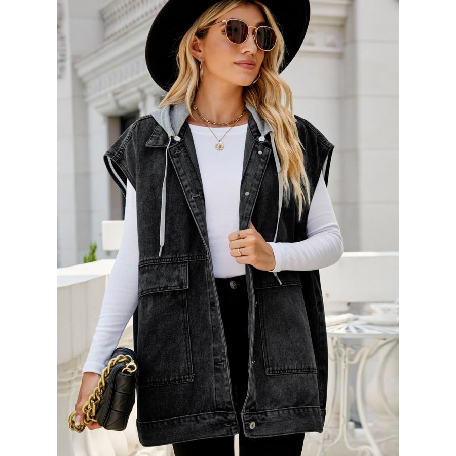 Hooded Sleeveless Denim Top with Pockets Dark / S