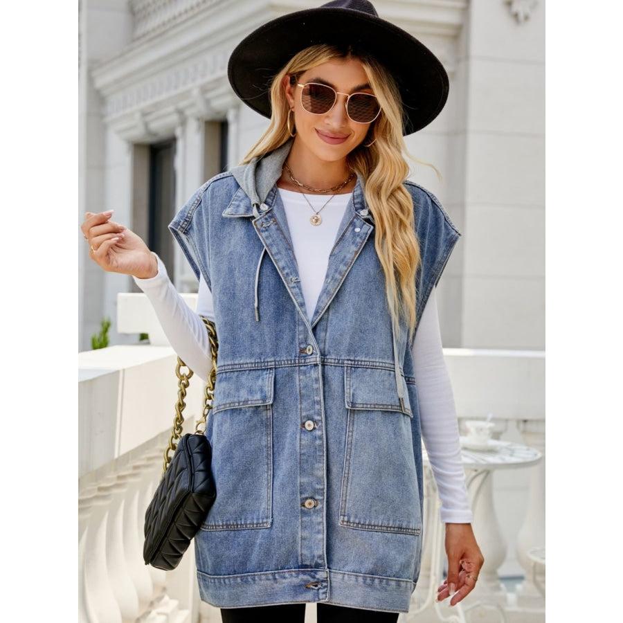 Hooded Sleeveless Denim Top with Pockets