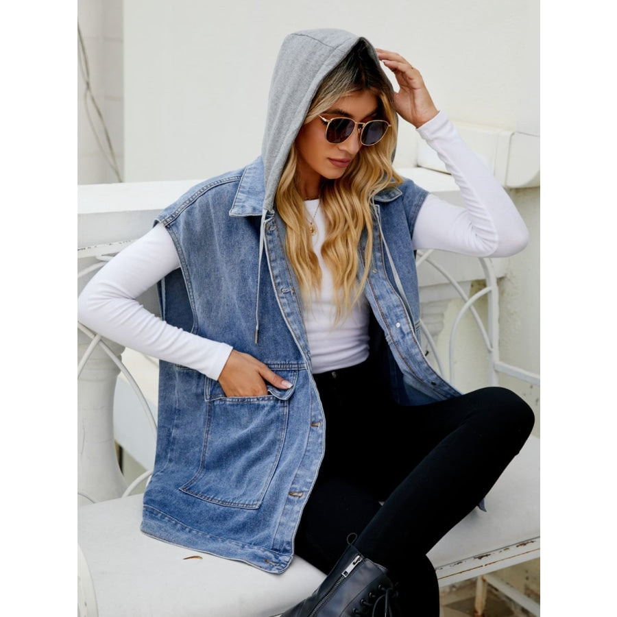 Hooded Sleeveless Denim Top with Pockets