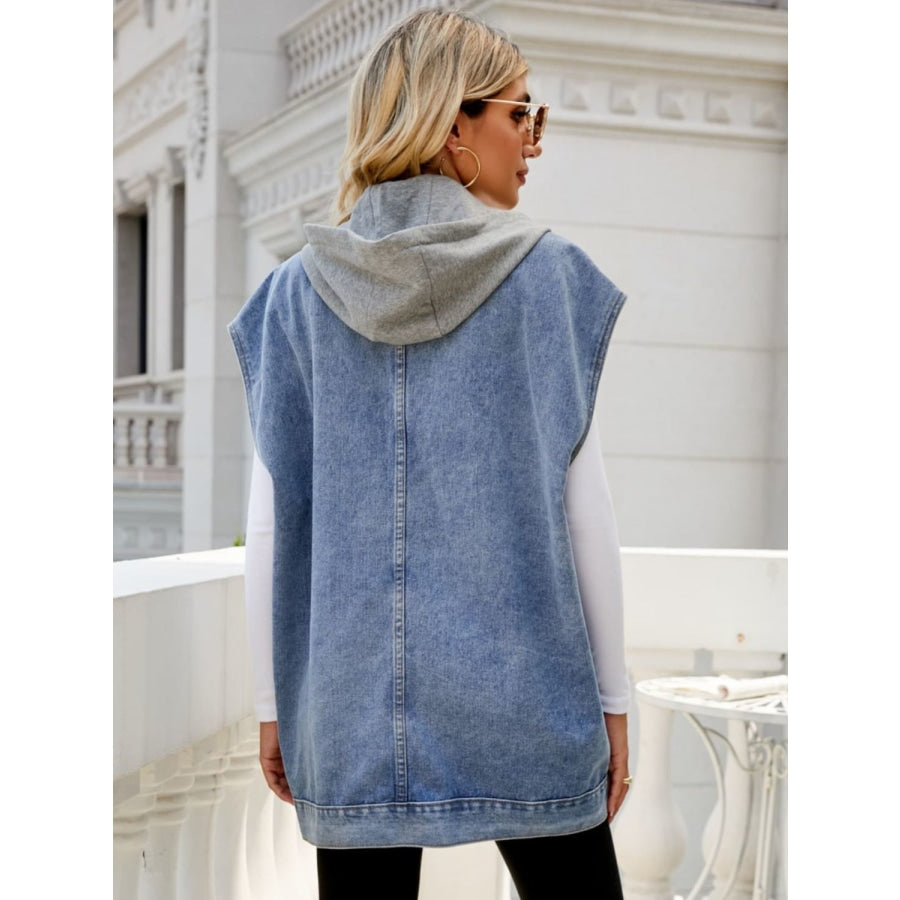 Hooded Sleeveless Denim Top with Pockets