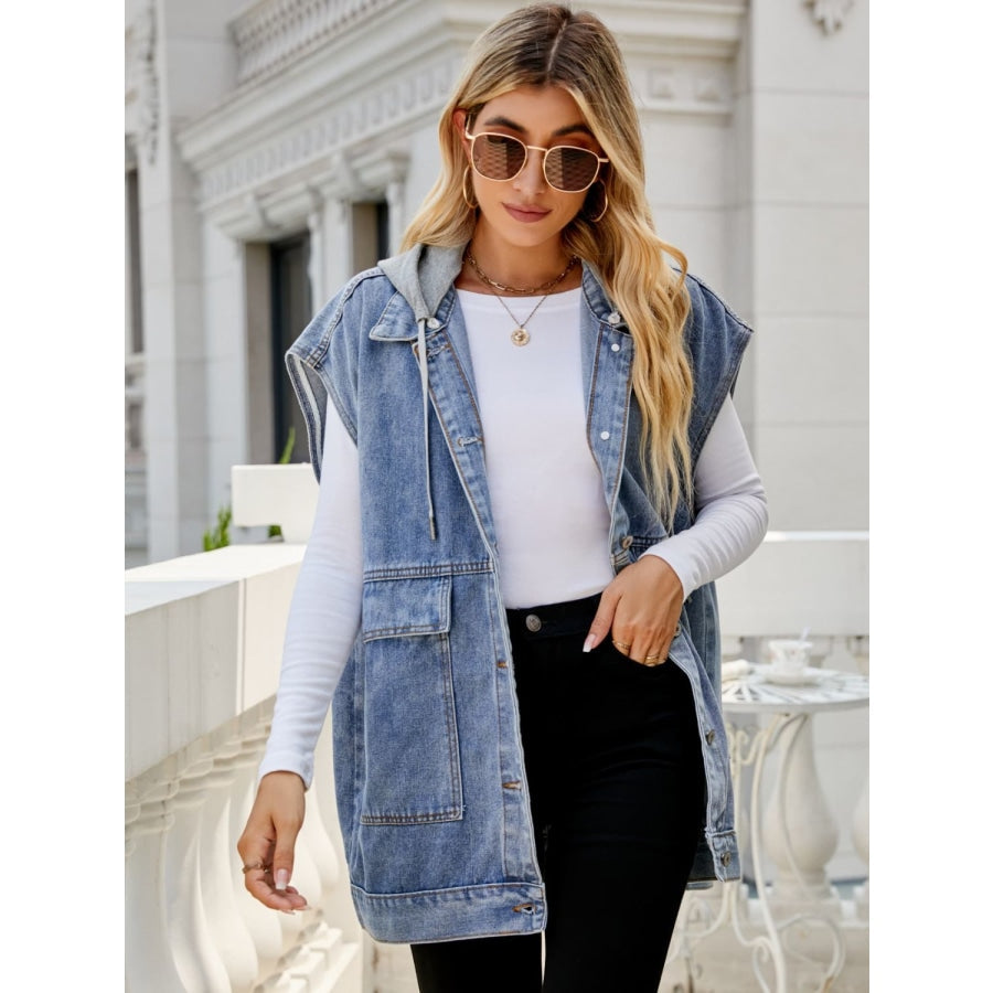 Hooded Sleeveless Denim Top with Pockets