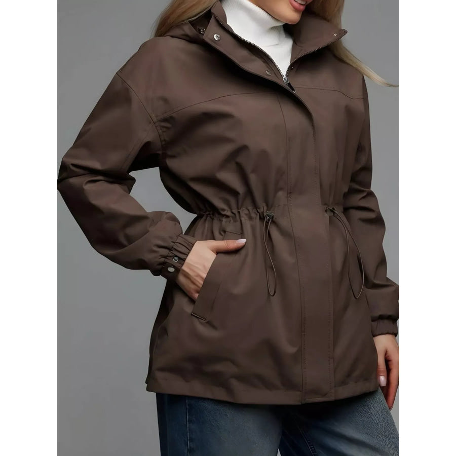 Hooded Windbreaker Jacket with Drawstring Waist 64 Dark Brown / S Apparel and Accessories