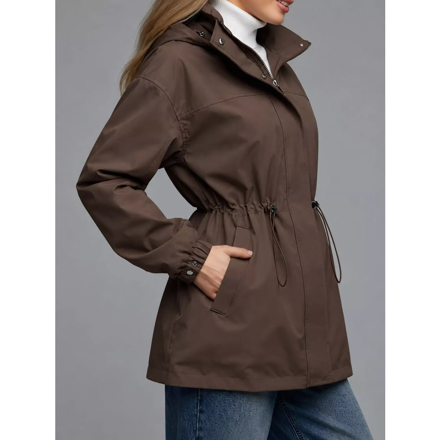 Hooded Windbreaker Jacket with Drawstring Waist Apparel and Accessories