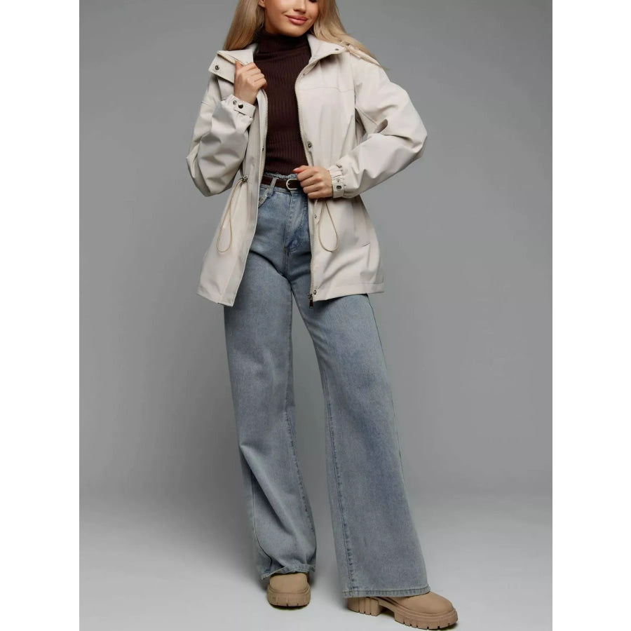 Hooded Windbreaker Jacket with Drawstring Waist Apparel and Accessories