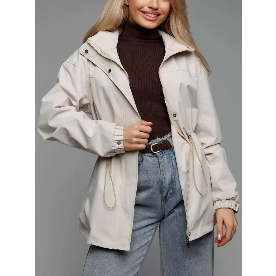 Hooded Windbreaker Jacket with Drawstring Waist Apparel and Accessories