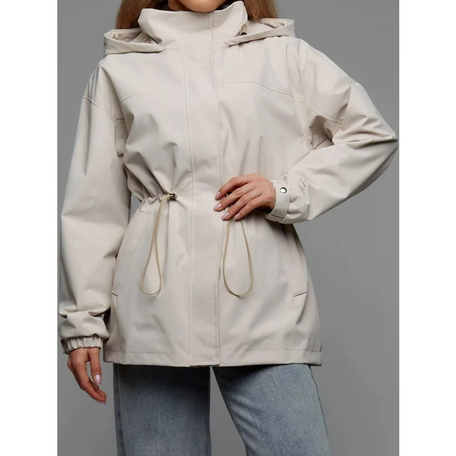 Hooded Windbreaker Jacket with Drawstring Waist Apparel and Accessories