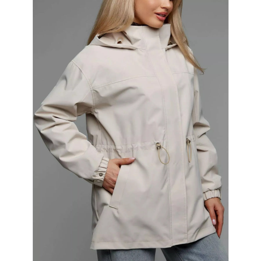 Hooded Windbreaker Jacket with Drawstring Waist Apparel and Accessories