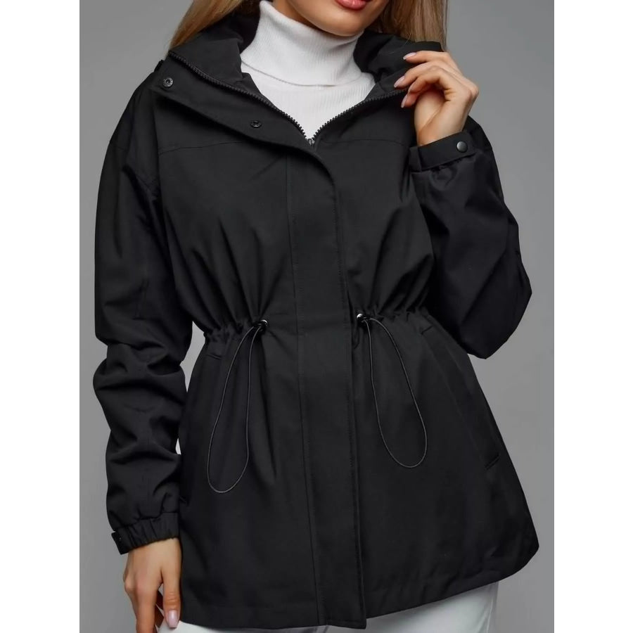 Hooded Windbreaker Jacket with Drawstring Waist Black / S Apparel and Accessories