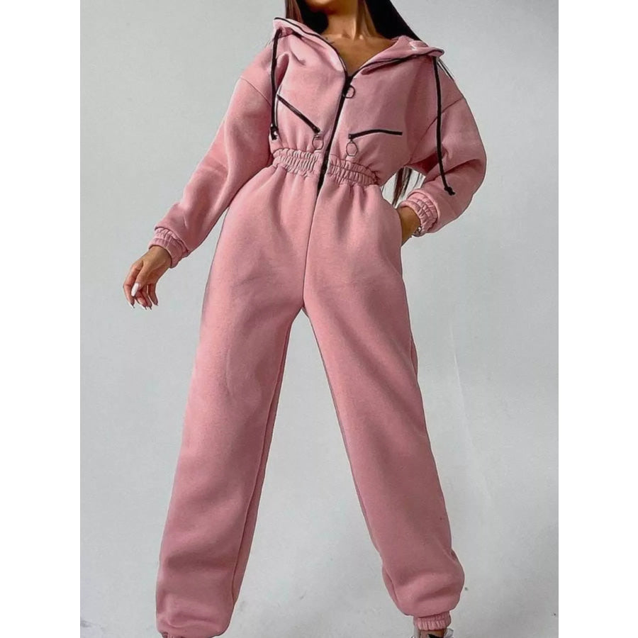 Hooded Zip-Up Long Sleeve Jumpsuit Apparel and Accessories