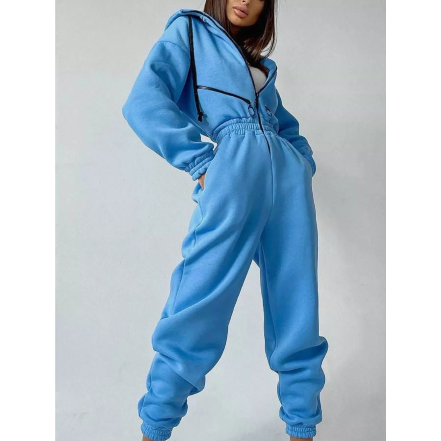 Hooded Zip-Up Long Sleeve Jumpsuit Apparel and Accessories