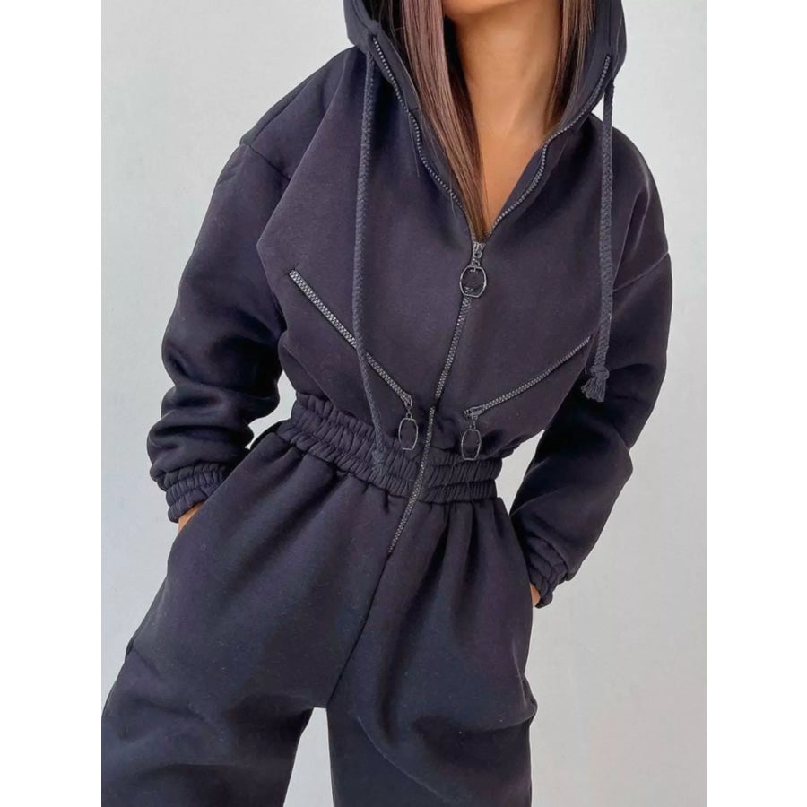Hooded Zip-Up Long Sleeve Jumpsuit Apparel and Accessories