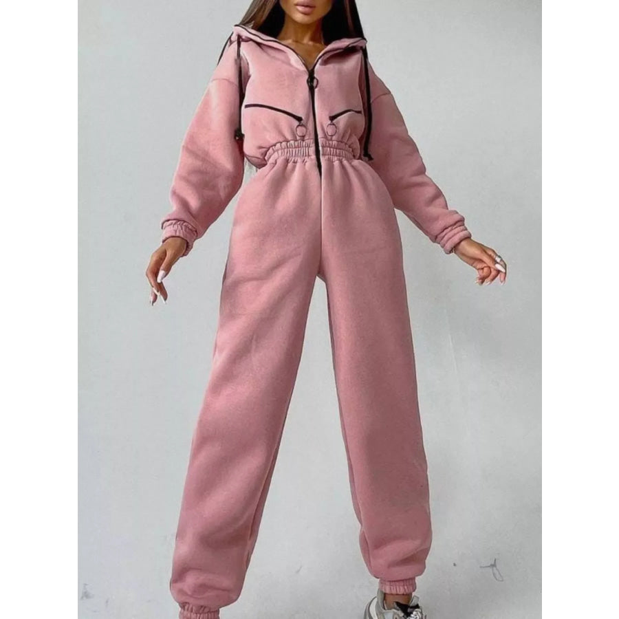 Hooded Zip-Up Long Sleeve Jumpsuit Apparel and Accessories