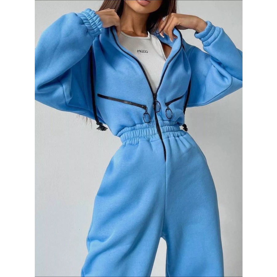 Hooded Zip-Up Long Sleeve Jumpsuit Blue / S Apparel and Accessories