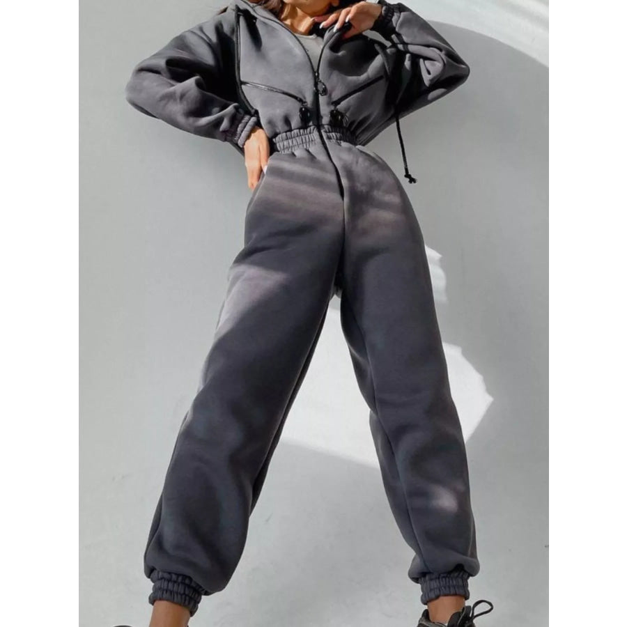 Hooded Zip-Up Long Sleeve Jumpsuit Grey / S Apparel and Accessories
