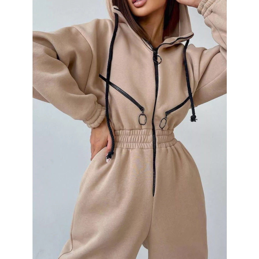 Hooded Zip-Up Long Sleeve Jumpsuit Khaki / S Apparel and Accessories