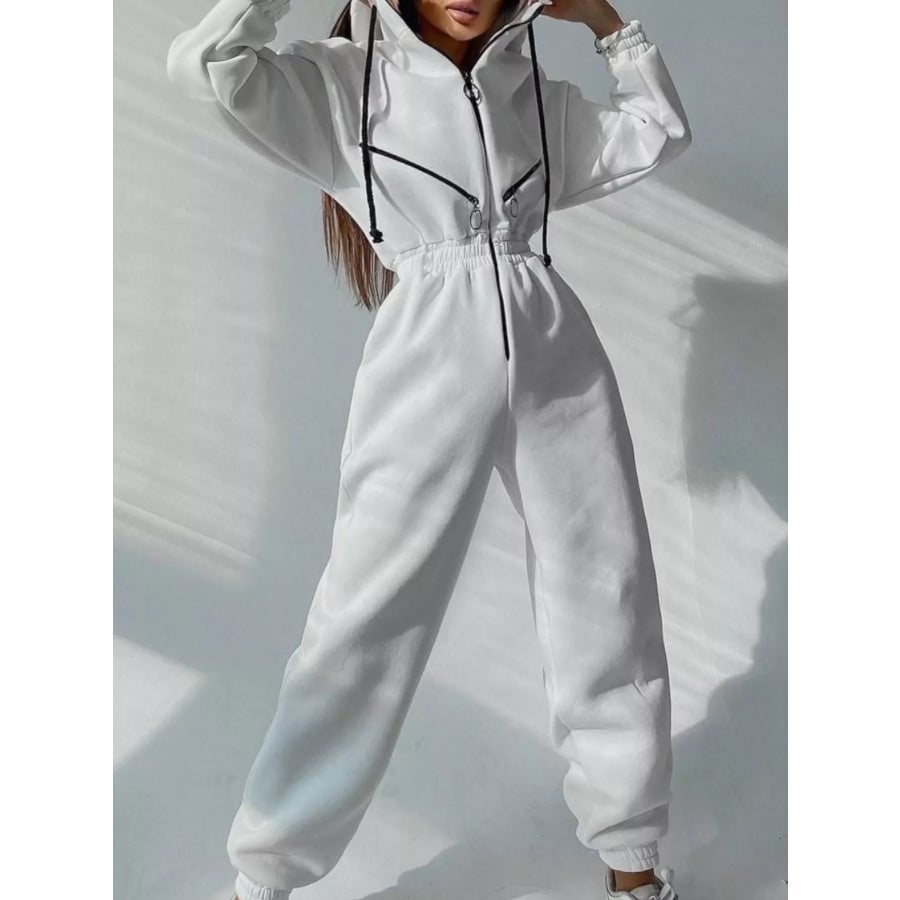 Hooded Zip-Up Long Sleeve Jumpsuit White / S Apparel and Accessories