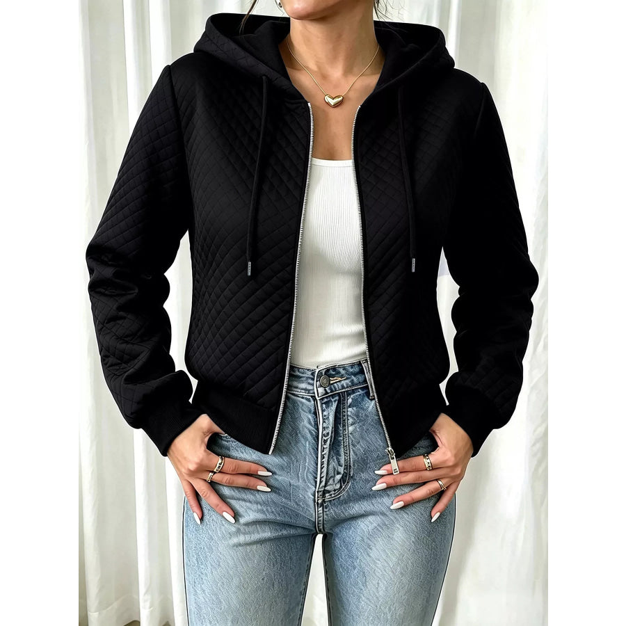 Hooded Zip-Up Texture Jacket Black / S Apparel and Accessories