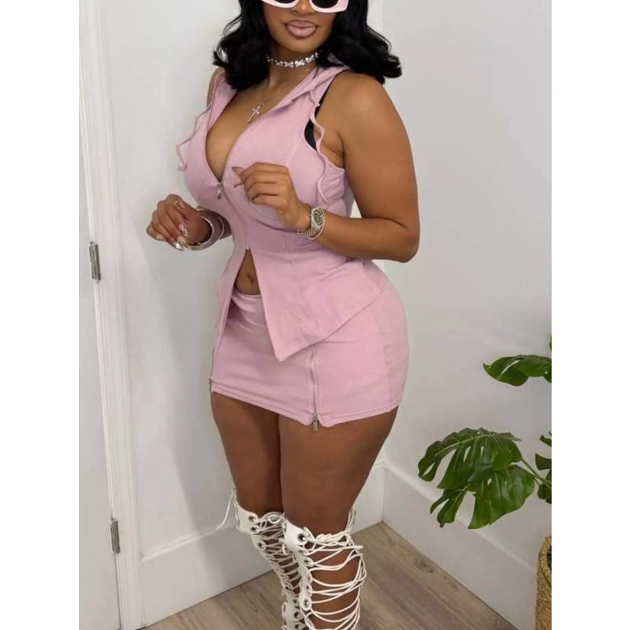 Hooded Zippered Sleeveless Top and Skirt Set Apparel and Accessories