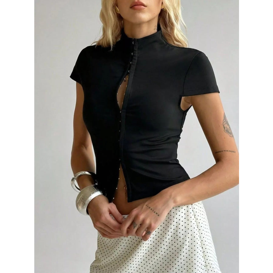 Hook and Eye Front Short Sleeve T-Shirt Apparel Accessories