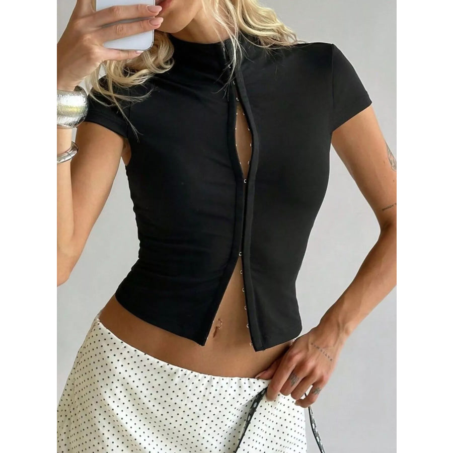 Hook and Eye Front Short Sleeve T-Shirt Apparel Accessories