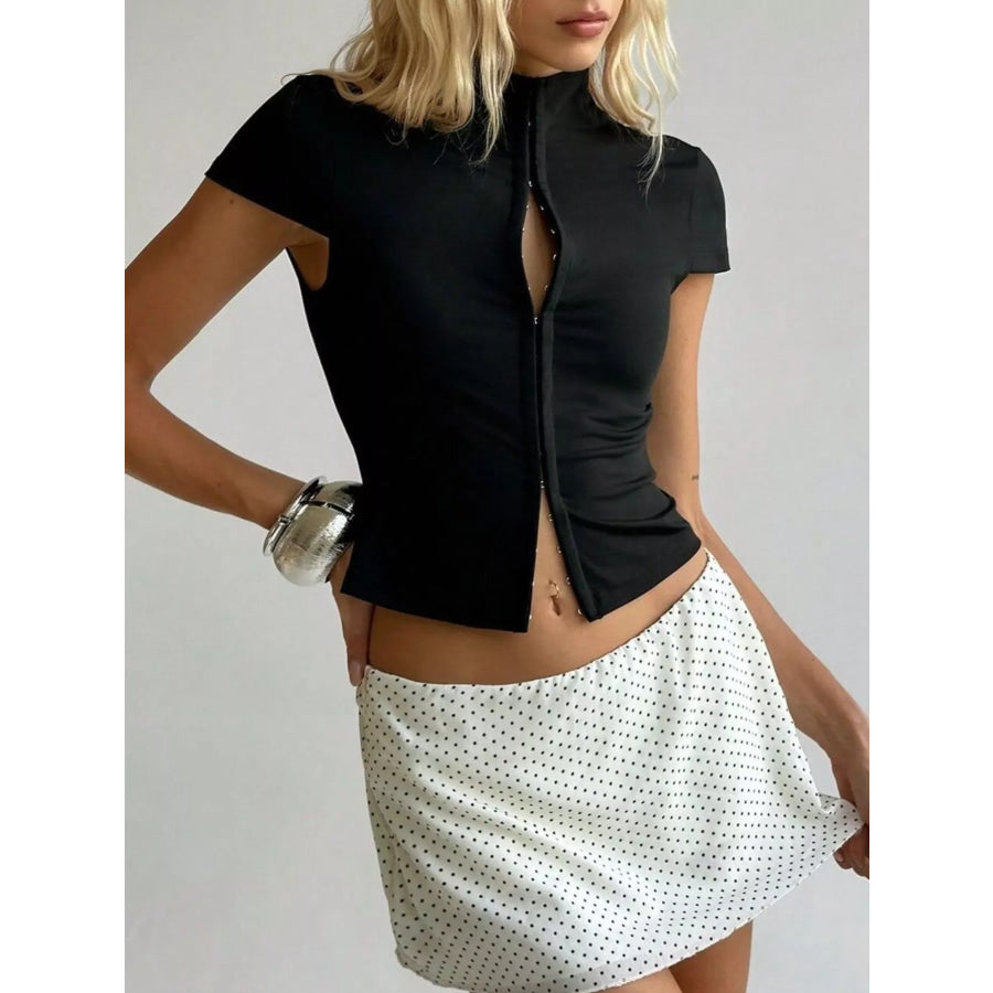 Hook and Eye Front Short Sleeve T-Shirt Apparel Accessories