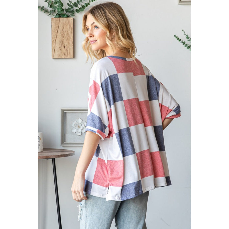 HOPELY Checkered Round Neck Half Sleeve T-Shirt Blue/Red/White / S Apparel and Accessories
