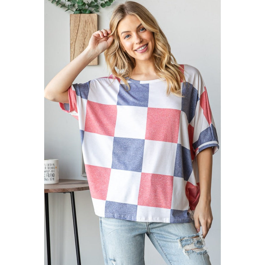 HOPELY Checkered Round Neck Half Sleeve T-Shirt Blue/Red/White / S Apparel and Accessories