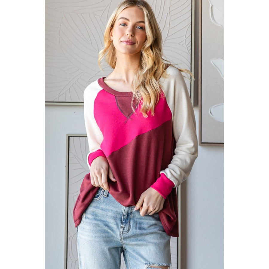 HOPELY Color Block Long Sleeve T-Shirt Hot Pink/Burgundy / S Apparel and Accessories