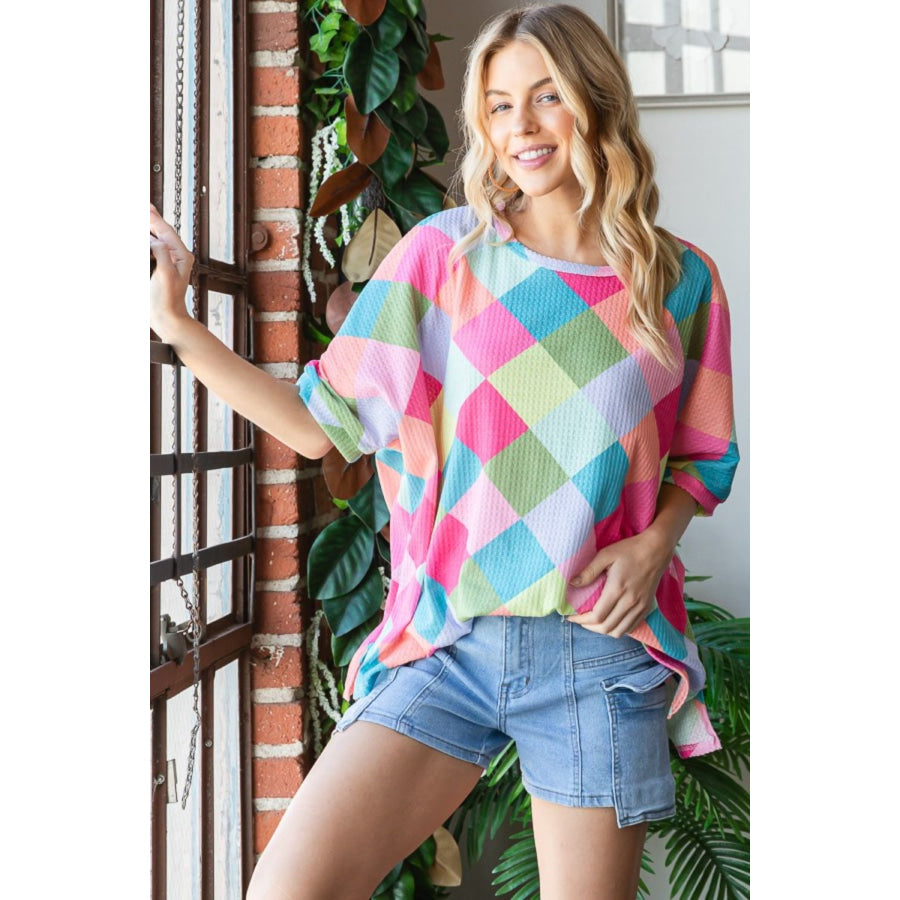HOPELY Color Block Waffle Oversized T-Shirt PINK COMBO / S Apparel and Accessories